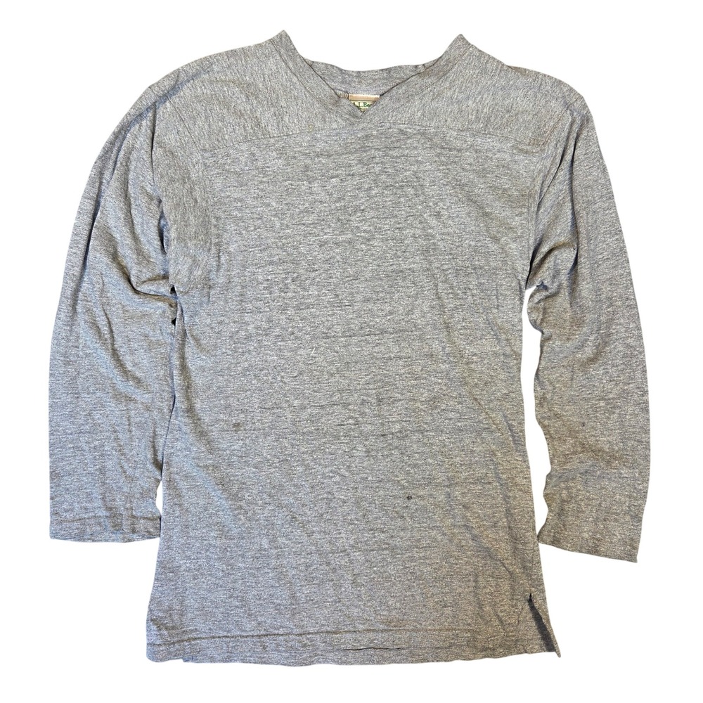 Vintage LL Bean Mens Small Gray Long Sleeve V-Neck Jersey Football Tee USA Made